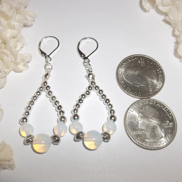 Beaded Hoop Earrings Set Faux Opal Rainbow Moonstone and Silver Teardrop 7021 - Picture 2 of 9